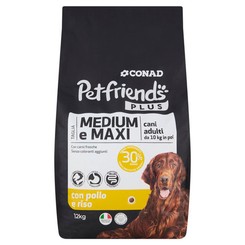 CONAD Petfriends Plus Taglia Medium e Maxi cani adulti da 10 kg in poi con pollo e riso 12 kg-image